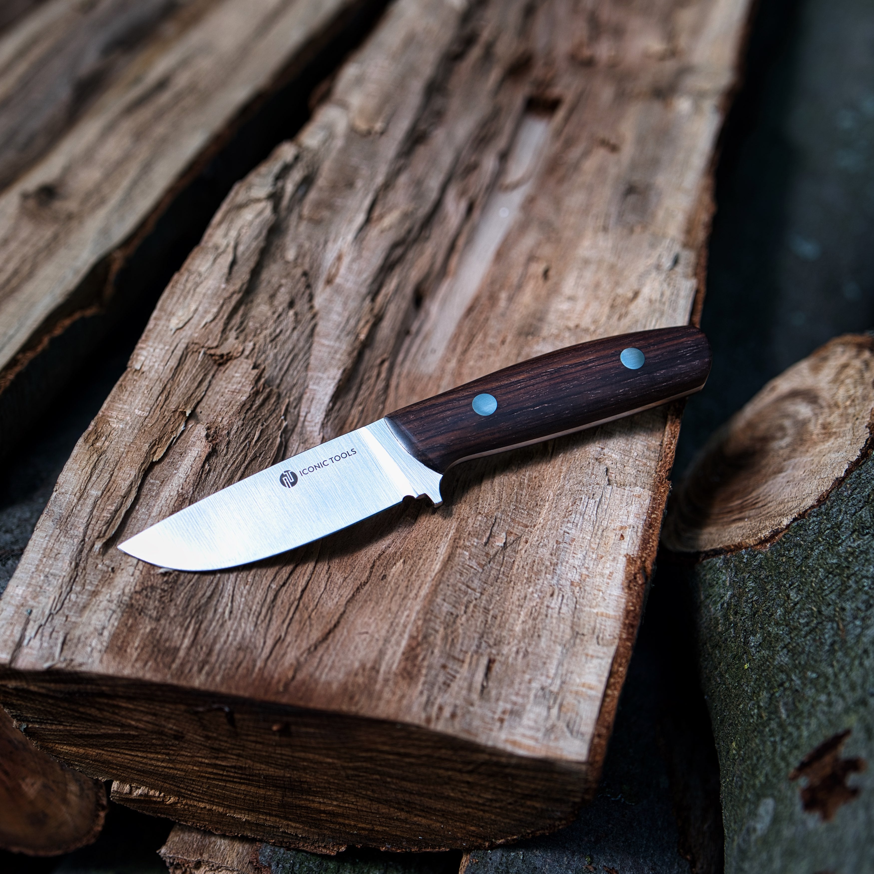 Das Outdoormesser "Forma" – dein treuer Begleiter in der Wildnis. Lehn dich an und bewundere die Eleganz und Leistungsfähigkeit dieses Messers, das auf einem gefällten Baum ruht. Bereit für jedes Abenteuer.