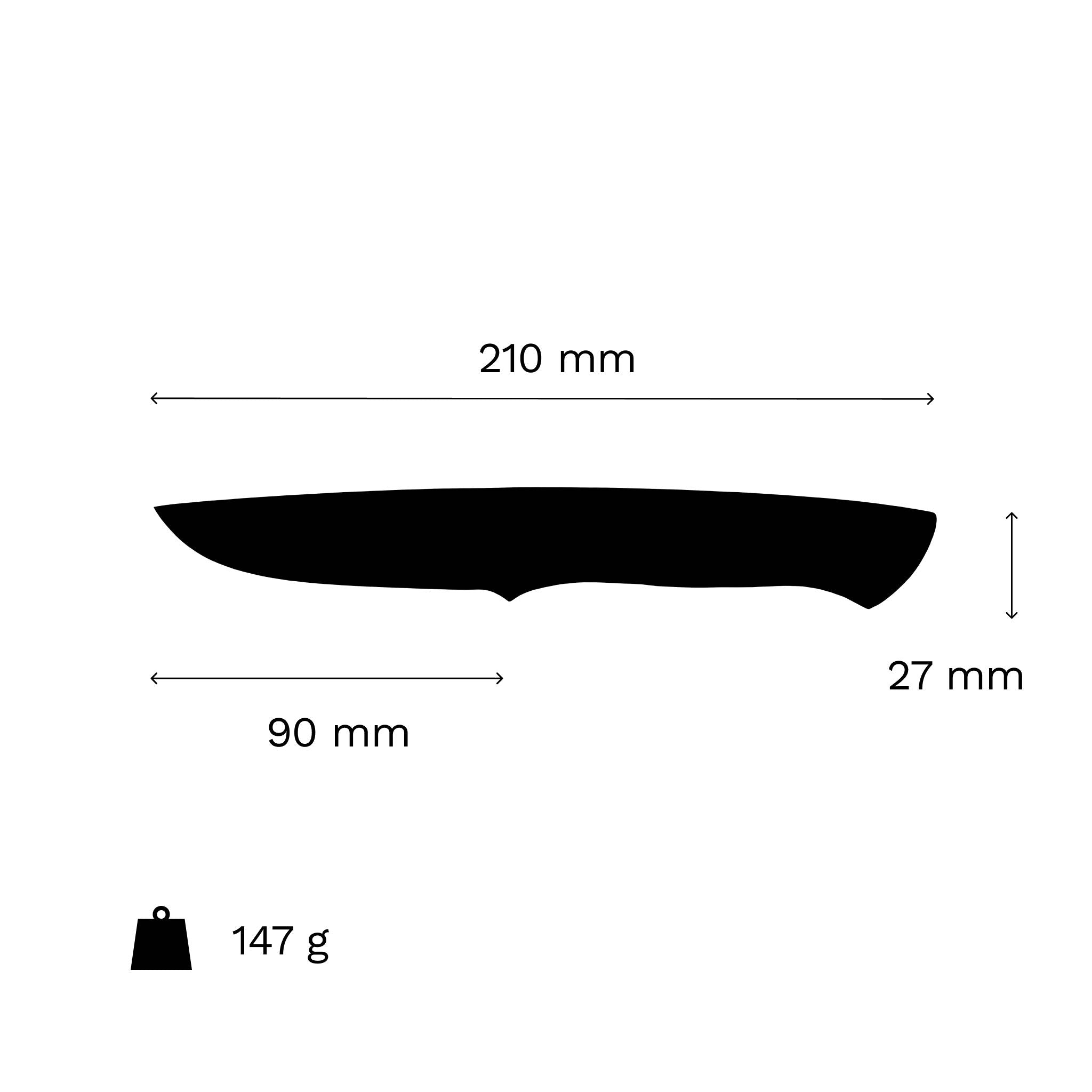 Cura Outdoormesser von Iconic Tools mit einer Klinge aus Böhler N690 Stahl und einem ergonomischen Griff aus europäischer Eibe Infografik Maße und Gewicht..
